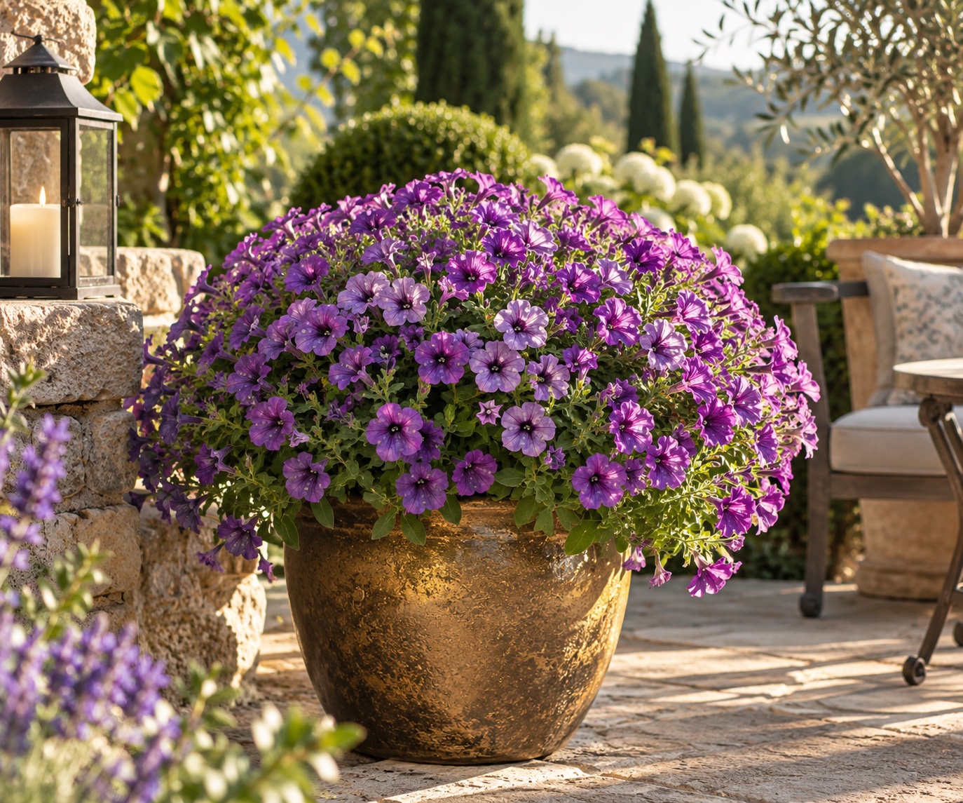 Monaliza in full bloom inside a large bronze pot on a terrace