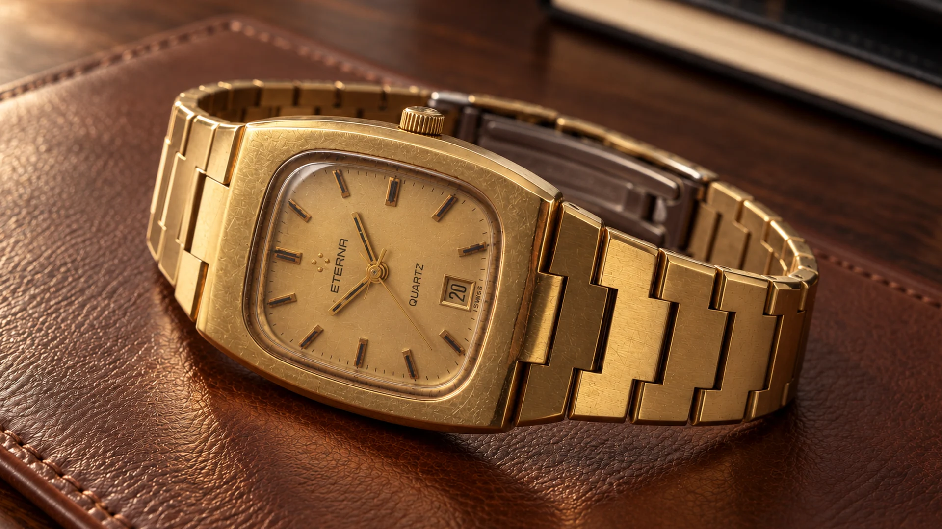 Eterna Quartz watch resting on a brown leather surface in warm light