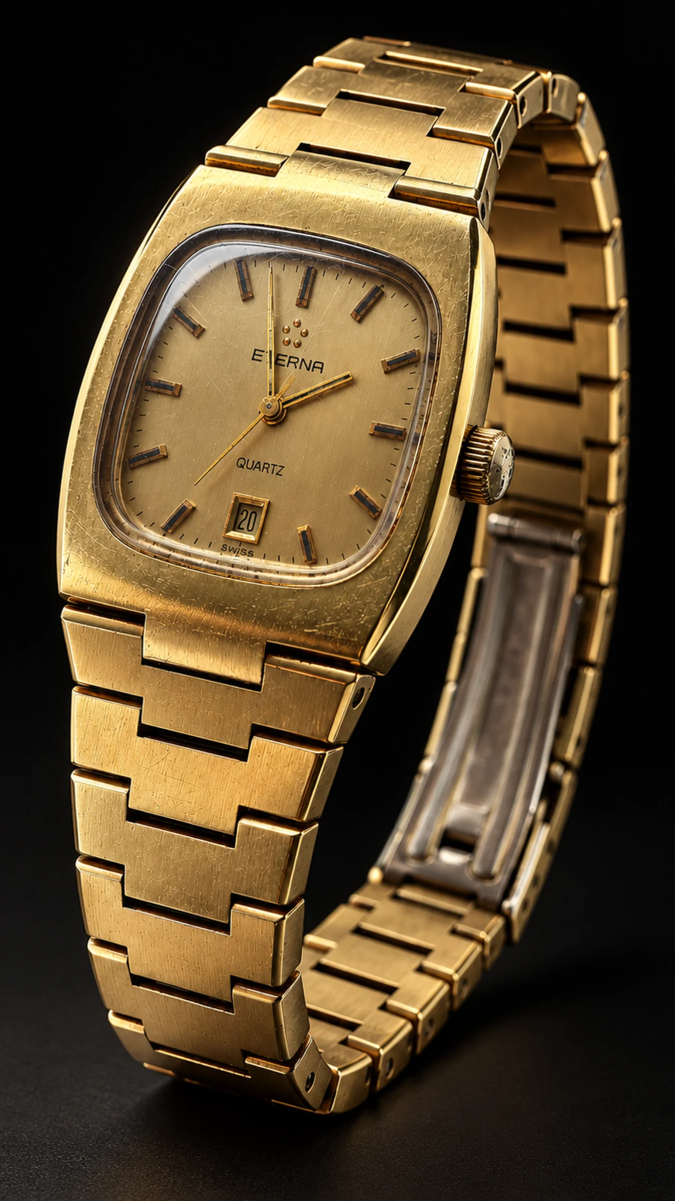 Vertical three-quarter view of the Eterna Quartz watch on a black background