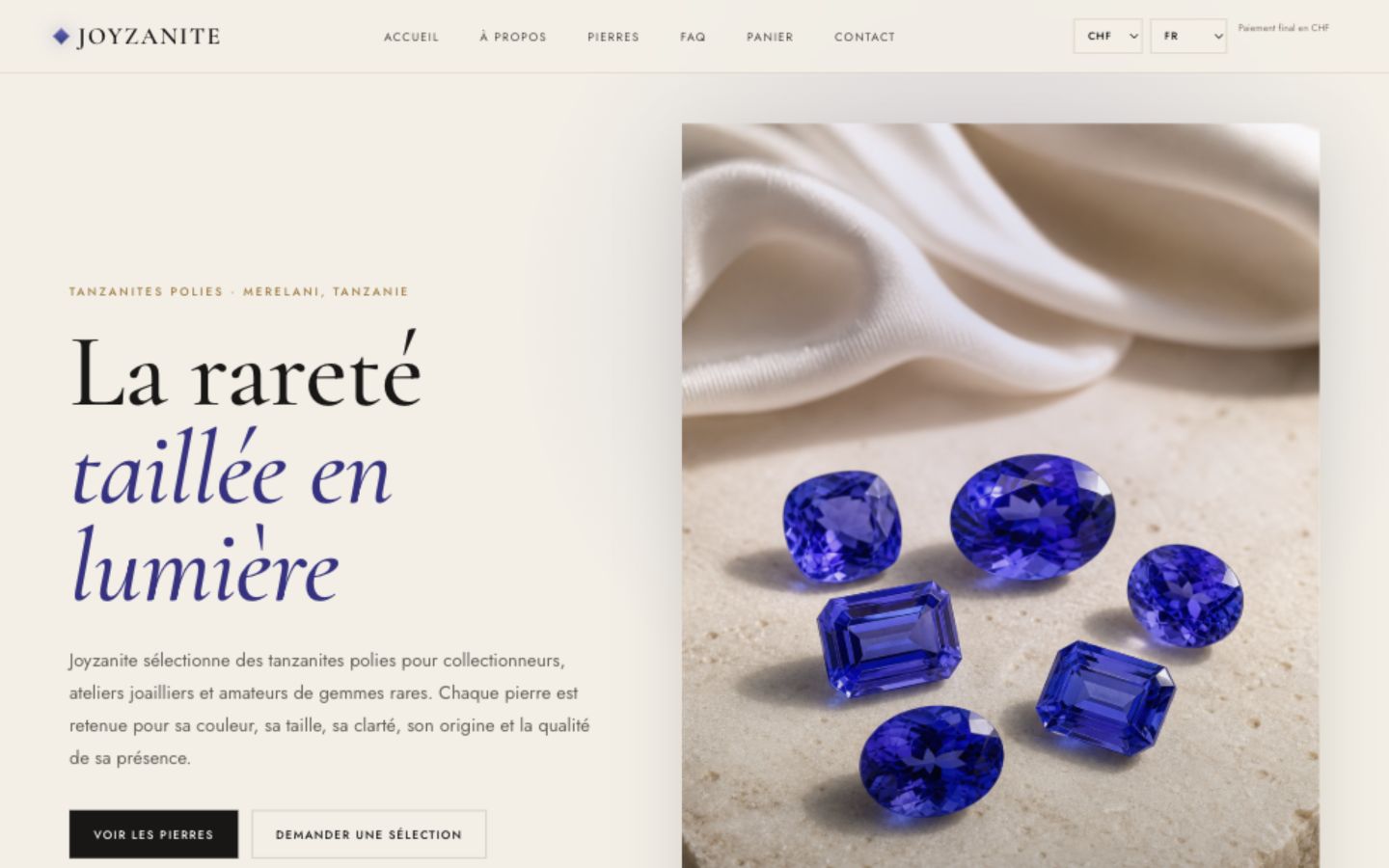 Joyzanite website header with the title La rareté taillée en lumière and a collection of tanzanites