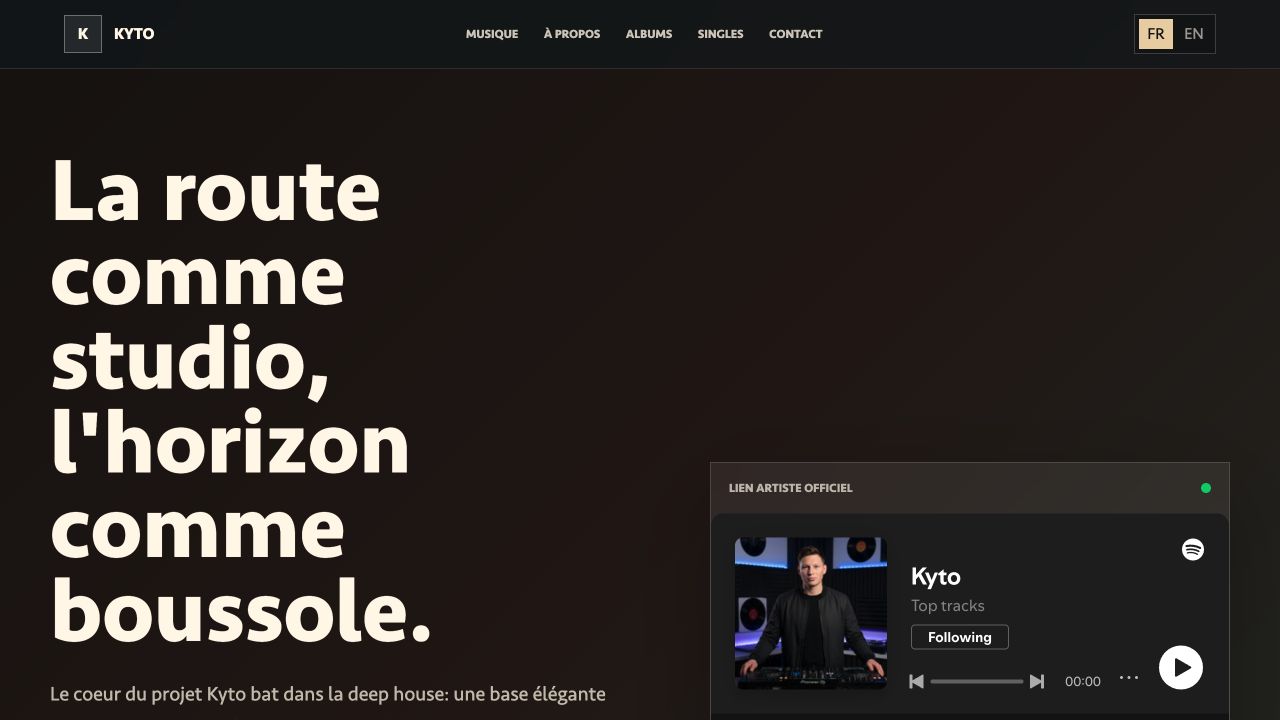 Musikbereich der Kyto Website mit Spotify Player und Musikplattformen