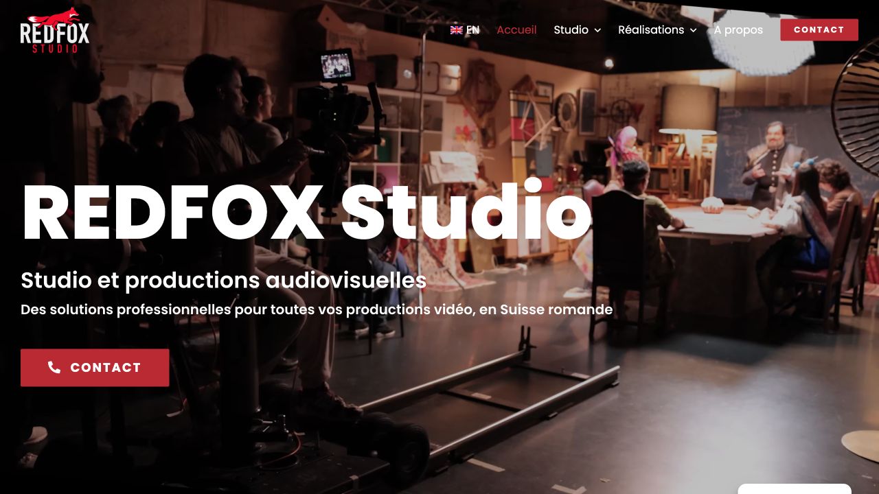 Startseite von RedFox Studio mit Dreharbeiten im Hintergrund